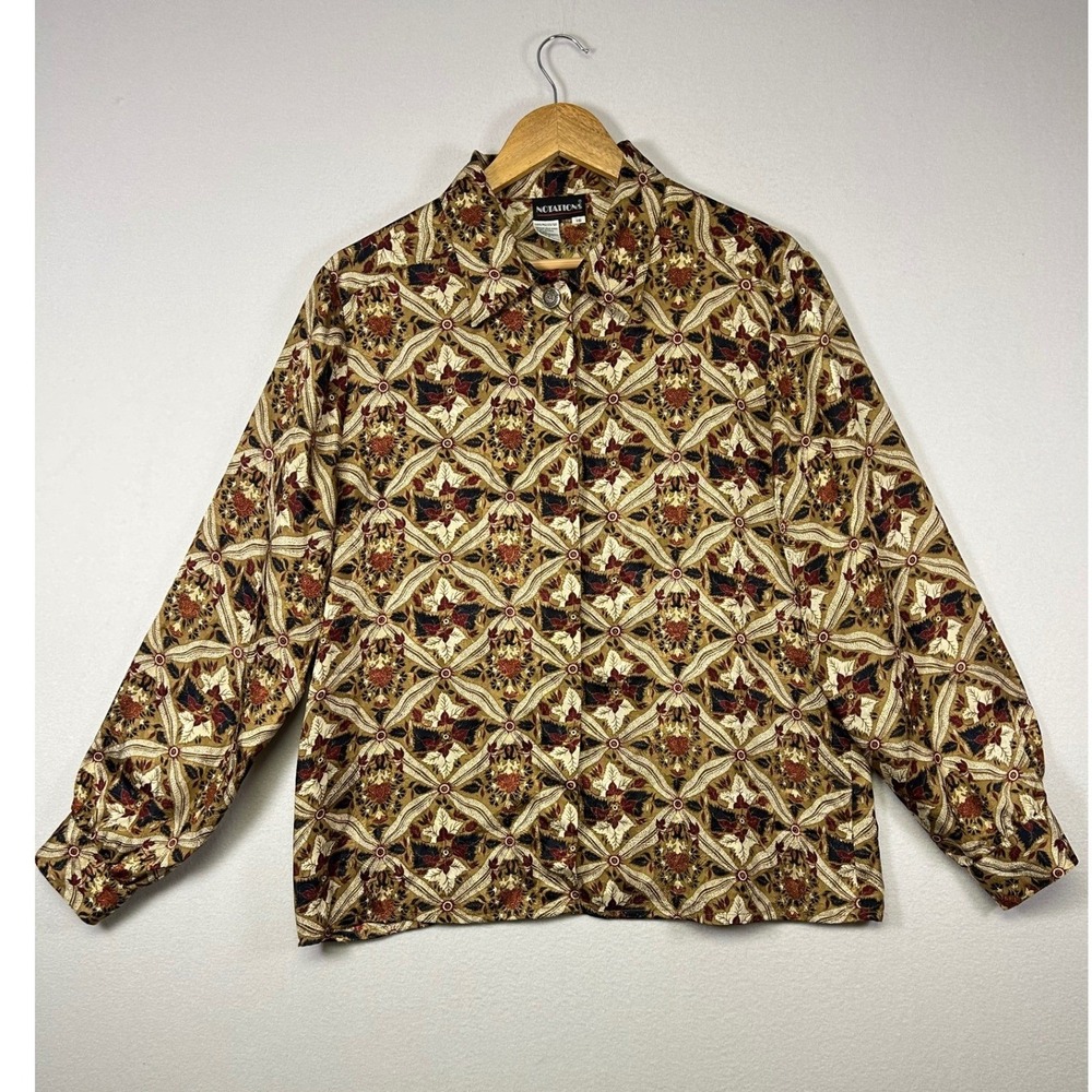 Vintage Boho Notations Womens Size 16 Brown Tapestry Print Button Up Blouse